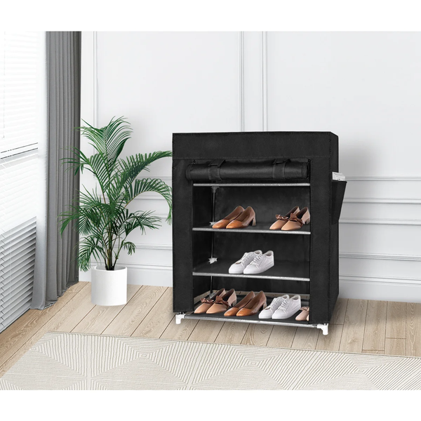 4 Tier Shoe Rack with Side Pocket Holds 24 Shoes