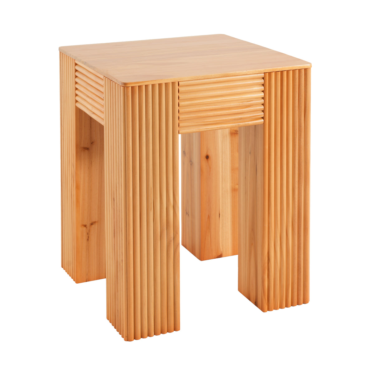 Natural Pine Wood Fluted Side Table with Elephant-Leg Design