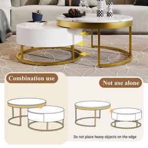 Round Nesting Coffee Table With Drawers - Golden / White