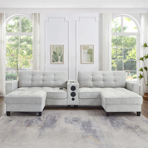 Modern Sectional Sofa U-Shaped With Movable Ottomans, tooth Speakers, LED Lights And Modular Storage