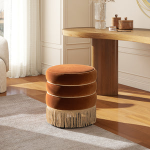Edward 17.5" Round Upholstered Ottoman with Bullion Fringe Burnt