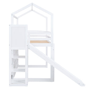 House Loft Bed With Slide, Storage Shelves And Light, Climbing Ramp