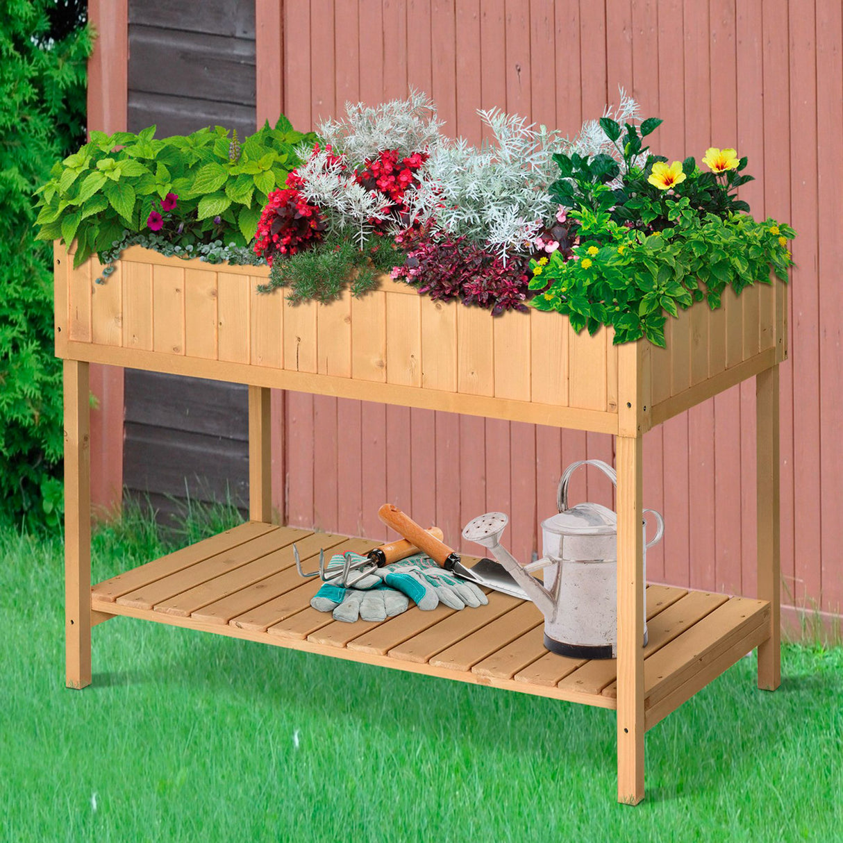 Outsunny 43" Wooden Raised Garden Bed with 8 Pockets and Shelf
