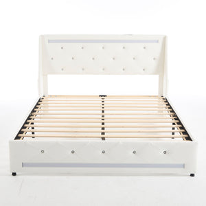 Wingback Upholstered Bed Frame With LED Lights, Charging Station