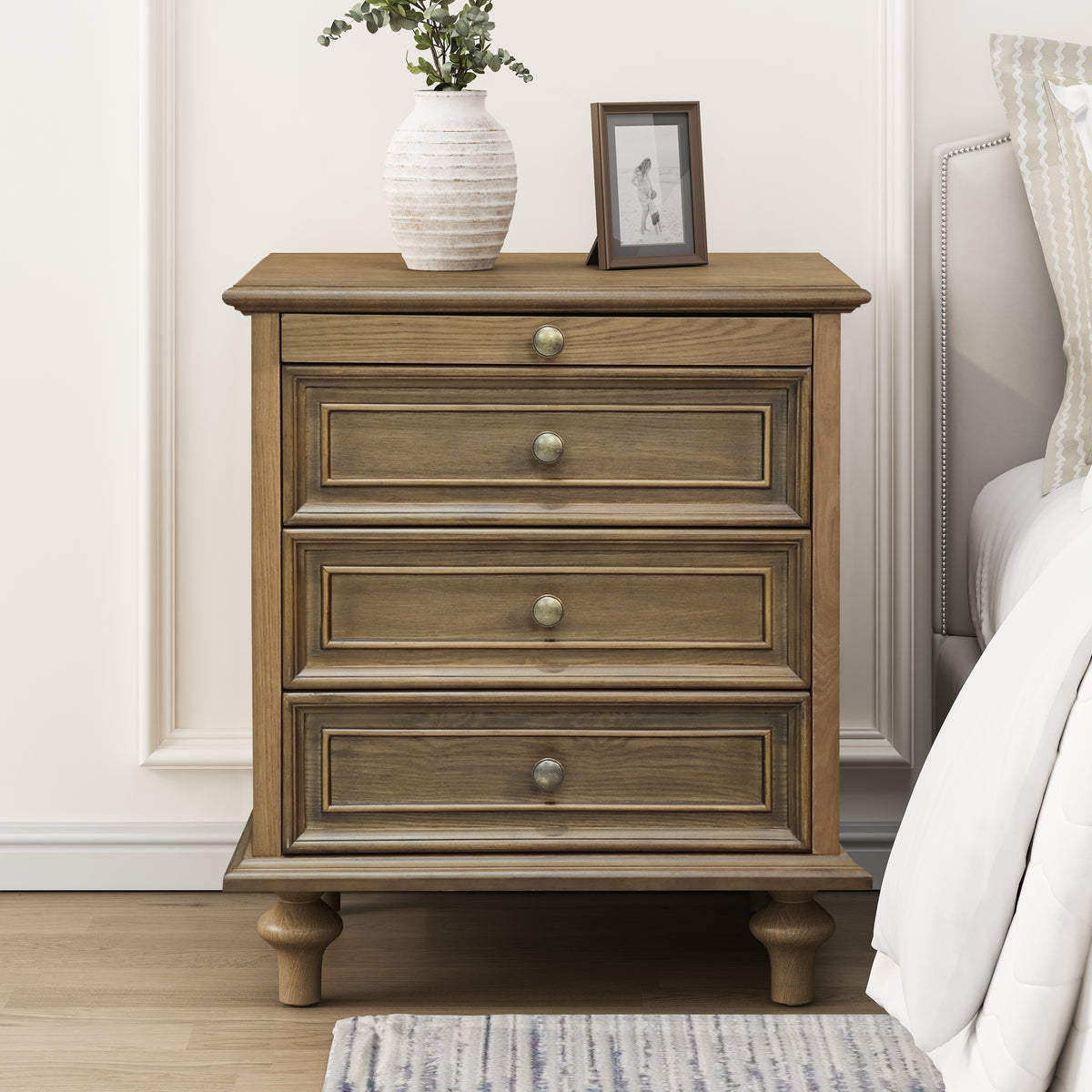 Farmhouse Nightstand with 4 Drawers and Hidden Pull-Out Shelf, Light Brown