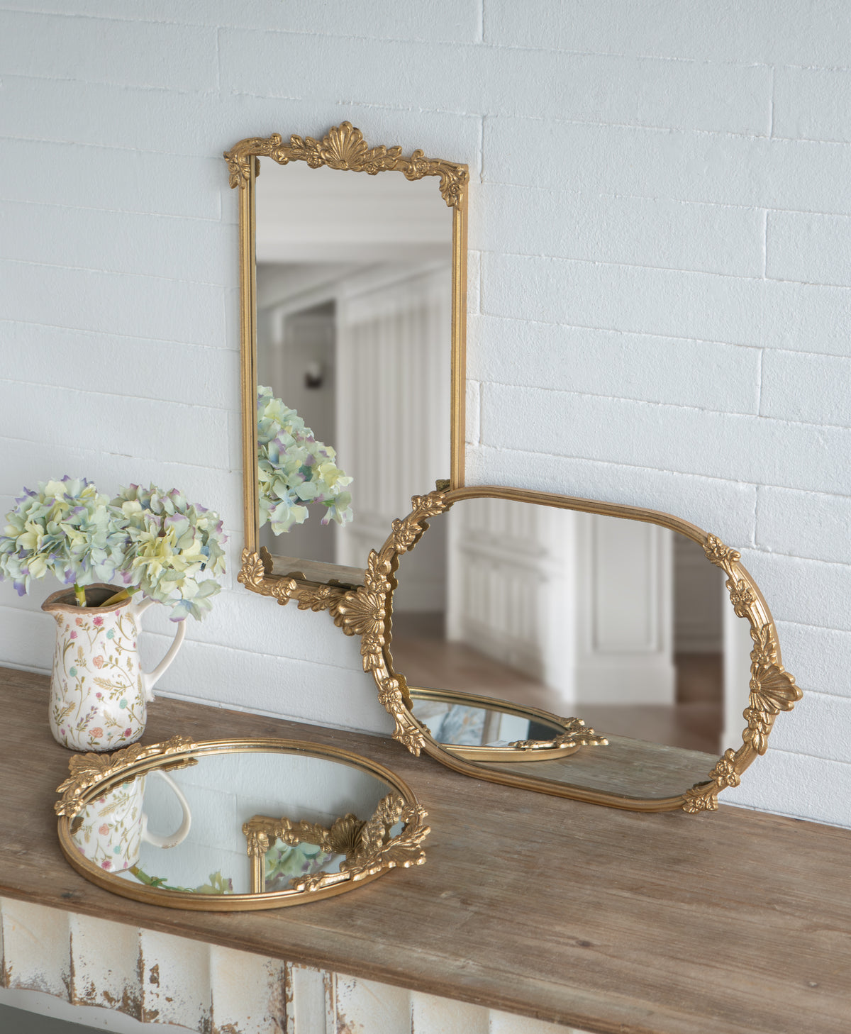Decorative Mirror Tray with Gold Iron Frame and Floral Accents, 22.7 x 13.6 Inches