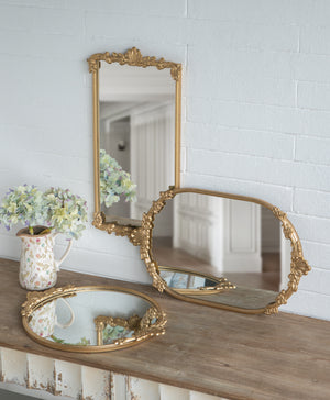 Decorative Mirror Tray with Gold Iron Frame and Floral Accents, 22.7 x 13.6 Inches