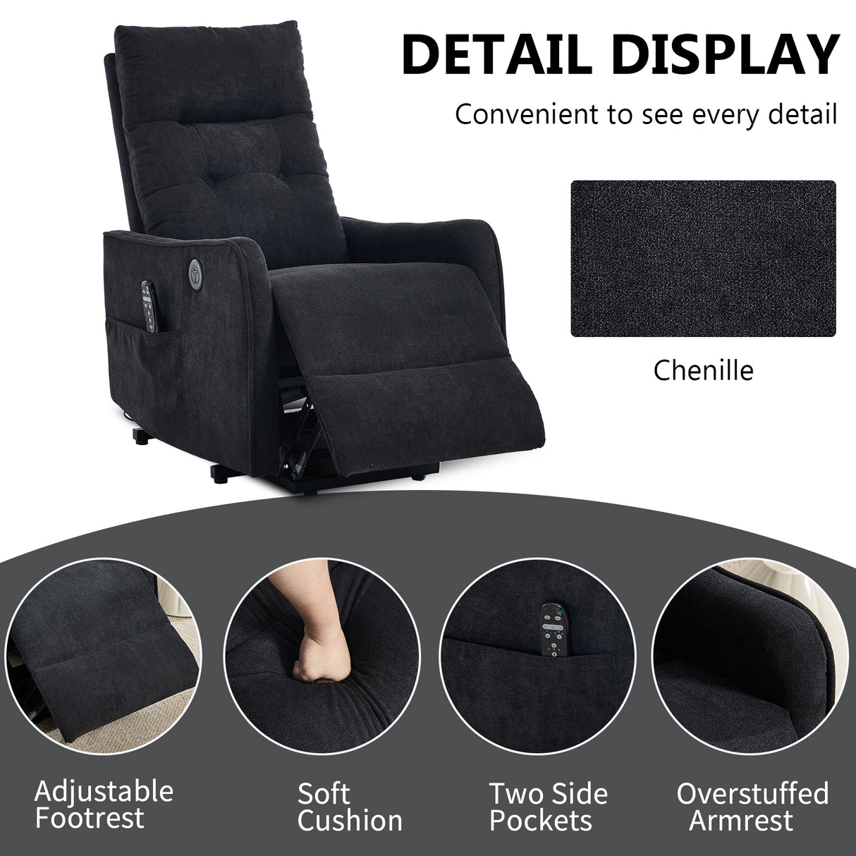 Black Chenille Single Motor Power Lift Recliner Chair