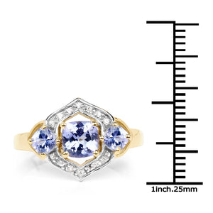 14K Yellow Gold Plated 1.58 Carat Genuine Tanzanite and White Topaz .925 Sterling Silver Ring