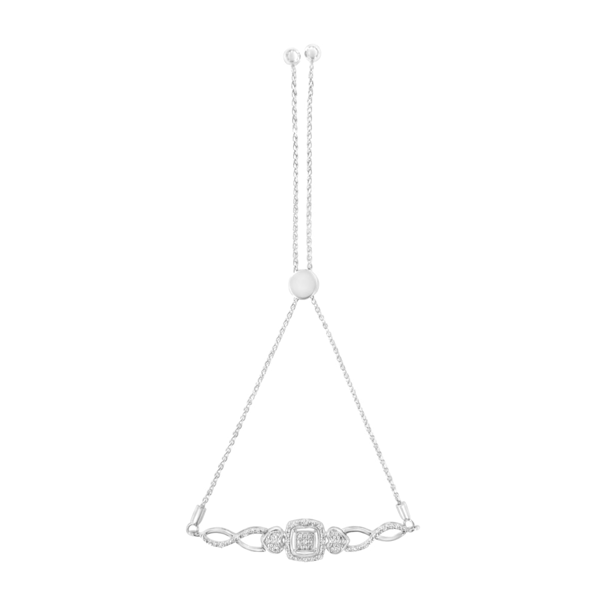 .925 Sterling Silver Diamond Cushion Frame Heart-Sides Twist 4â€-10â€ Adjustable Bolo Tennis Bolo Bracelet (I-J Color, I3 Clarity)