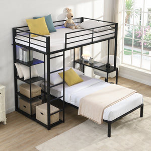Metal Loft Bed Frame with LED Light Strip, Side Storage Shelves & Built-in Desk