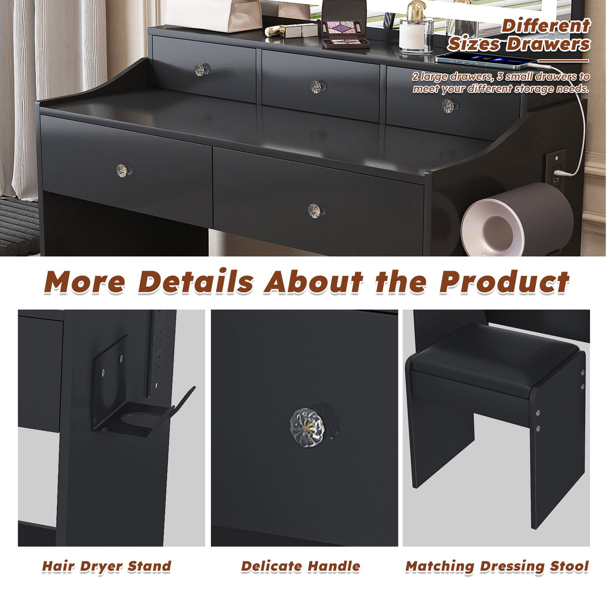 Modern Makeup Vanity Set With Power Outlet, Hair Dryer Holder, And Adjustable Lighting