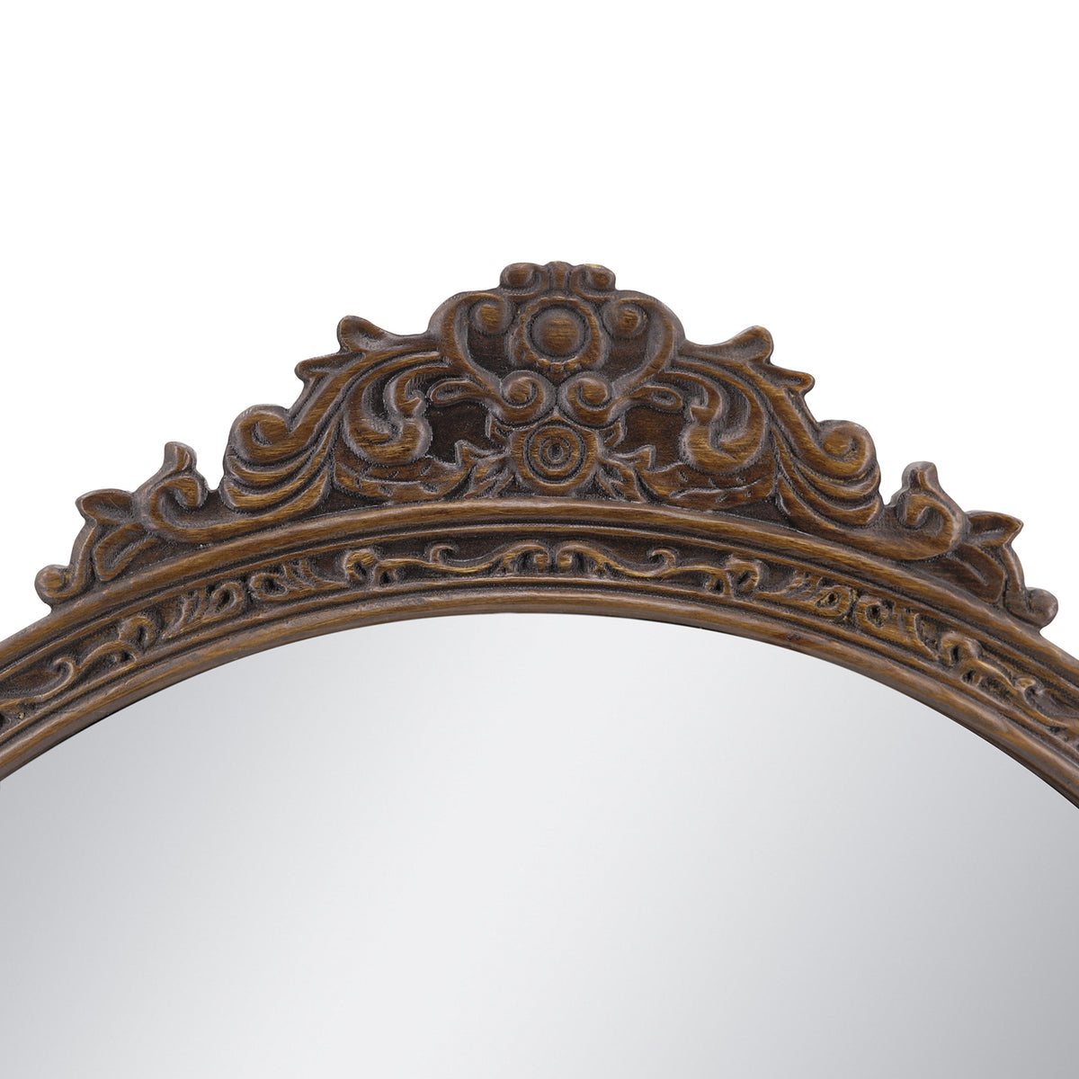 31.5" Round Antique Wall Mirror with Hand-Carved Pediment - Wood