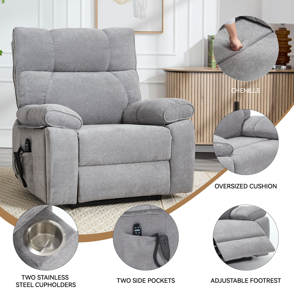 Grey Heat Massage Dual Motor Electric Power Lift Recliner
