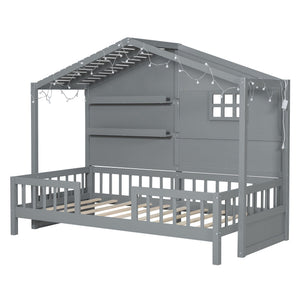 House Bed With Shelves, Window And Sparkling Light Strip On The Roof