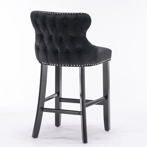 Contemporary Upholstered Wing-Back Barstools With Button Tufted Decoration And Wooden Legs, And Nailhead Trim, Leisure Style Bar Chairs, Bar Stools (Set of 2)