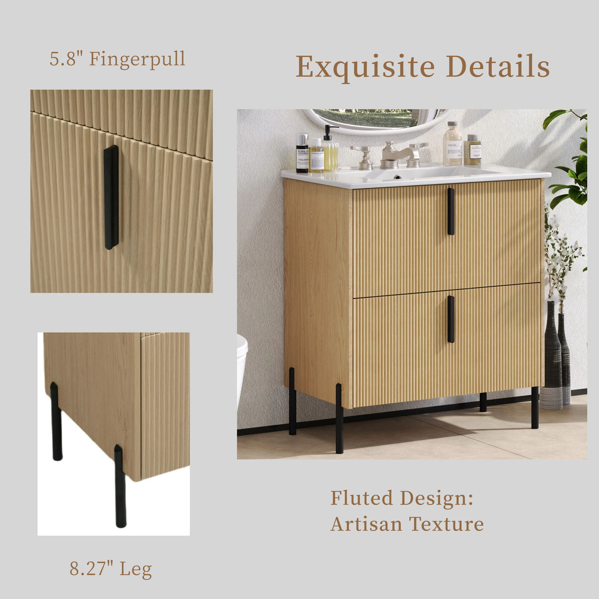 Bathroom Vanity With Ceramic Sink, Fluted Design