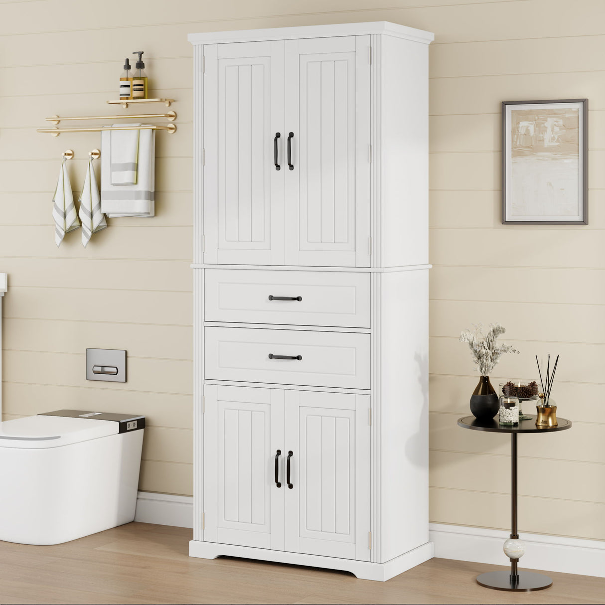 Multi Functional Storage Cabinet With Adjustable Shelves, 2 Drawers, Door Shelves
