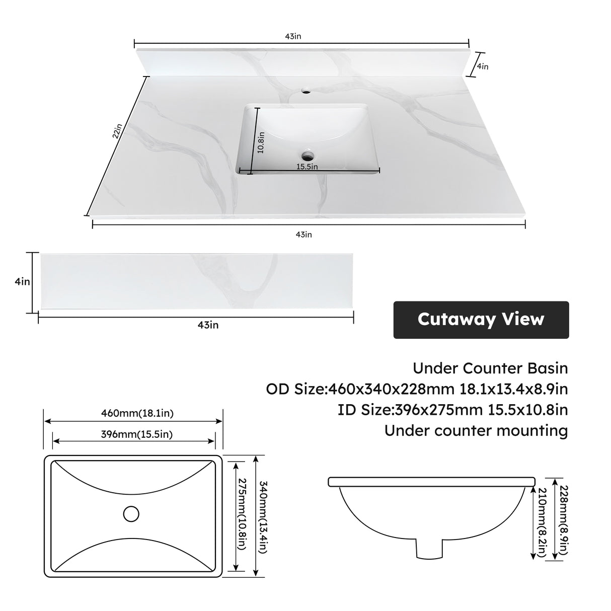 43-inch Quartz Bathroom Vanity Top with Undermount Single Bowl Sink