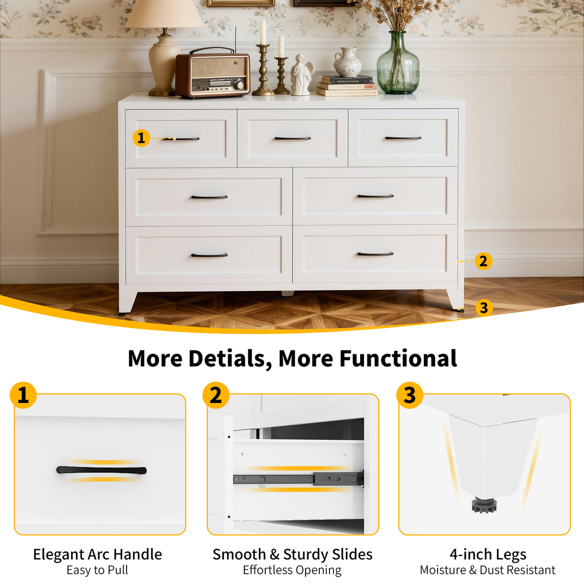 7-Drawer Dresser, Wide Low-Profile Storage Cabinet with Steel Construction