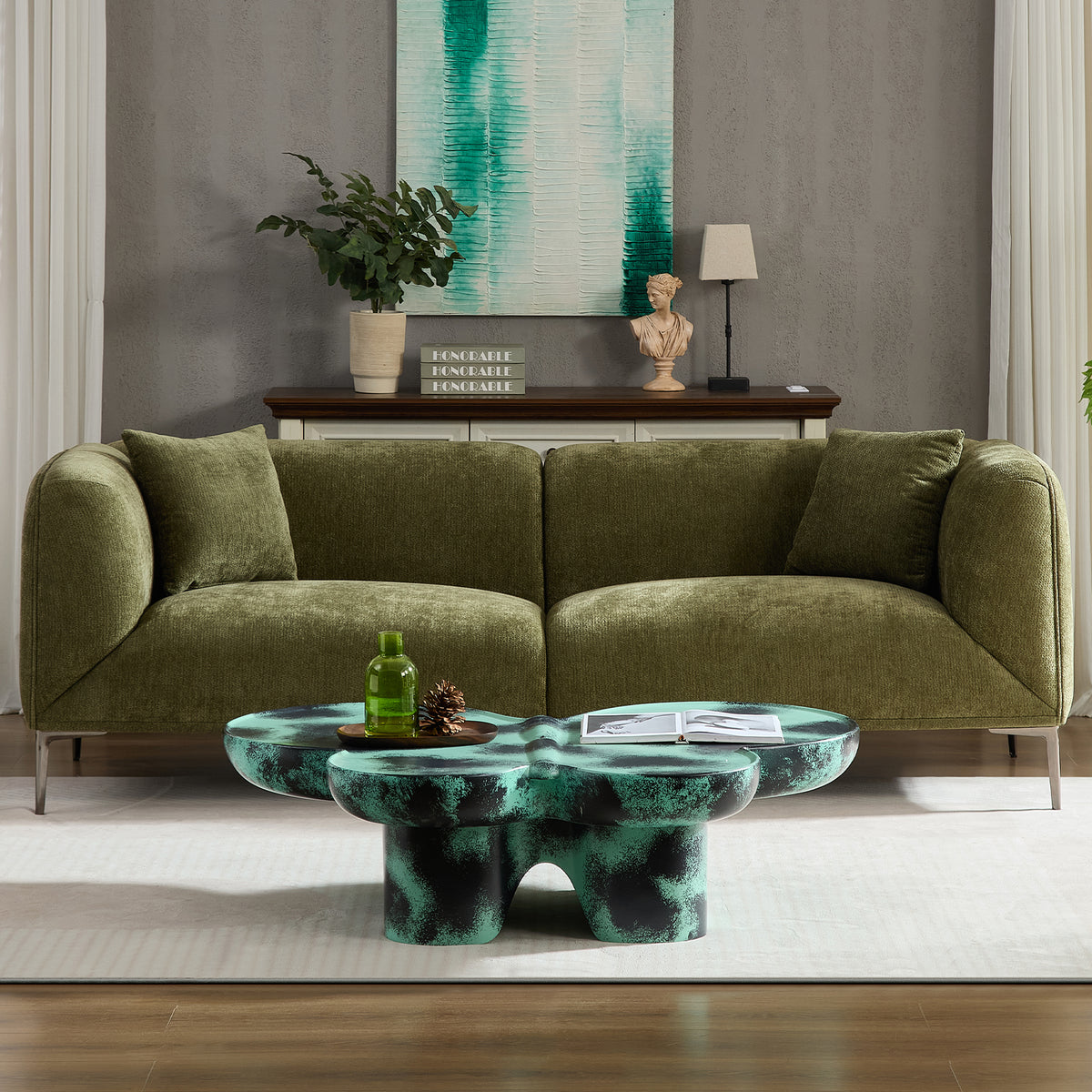 Modern 3-Seat Sofa, 82-Inch, Green Boucle Fabric