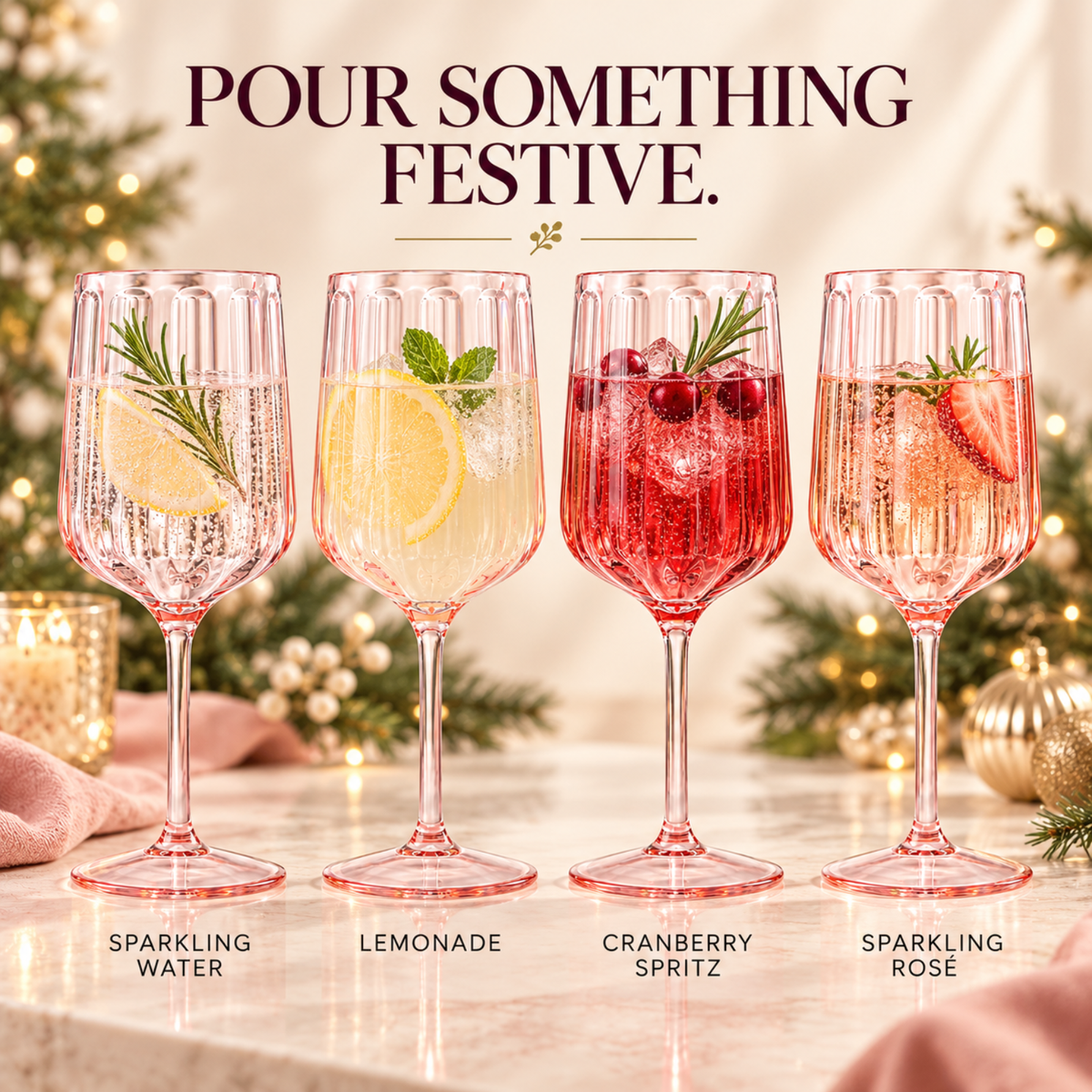Khen Acrylic Lucia Stemmed Goblets - Set of 6 |14oz | Pink
