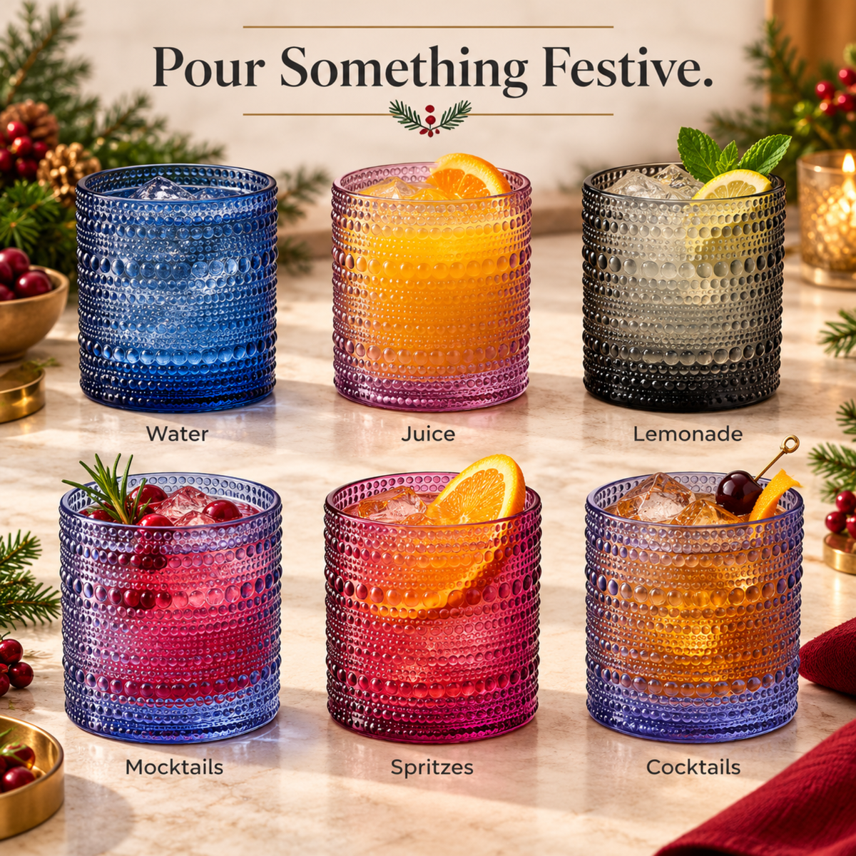 Fortuna Hobnail Lowball Glassware, Set of 6