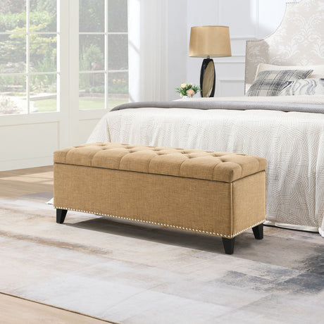 Button Tufted Storage Ottoman, Living Room Bench With Safety Close Hinge - Brown