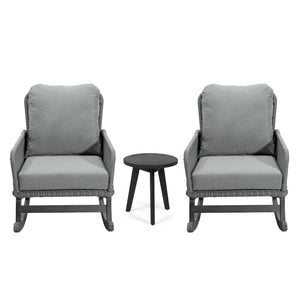 Modern 3 Piece Outdoor Seating Set With Cushioned Rattan Rocking Chairs And Wooden Accent Table