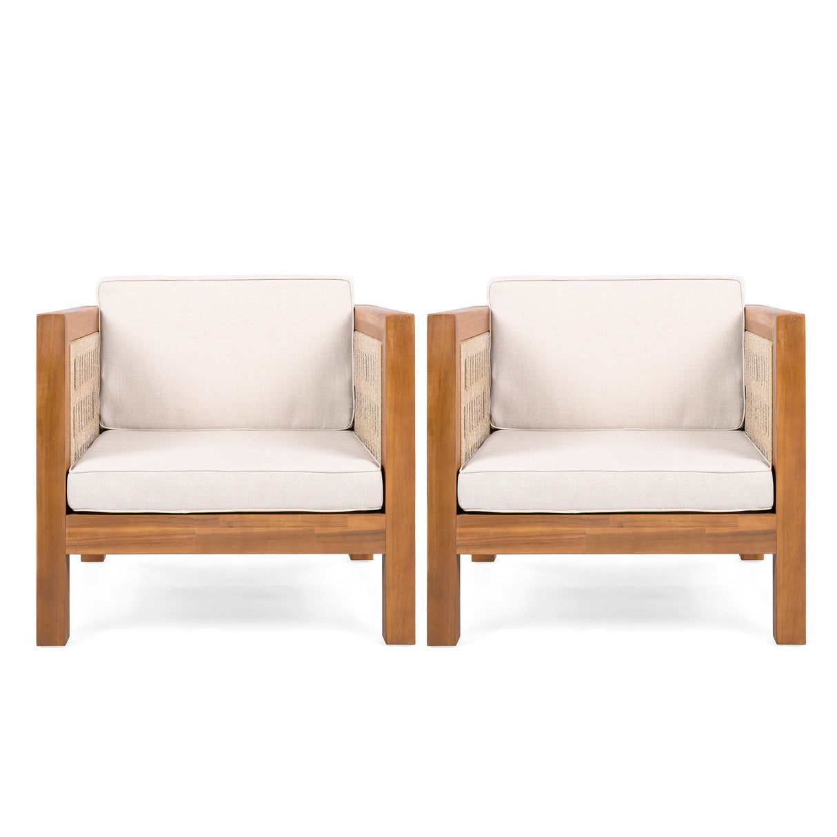 Outdoor Club Chair Set of 2 with Acacia Wood Frame and Beige Cushions