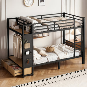 Twin XL Over Twin XL Metal Bunk Bed with Storage Shelves
