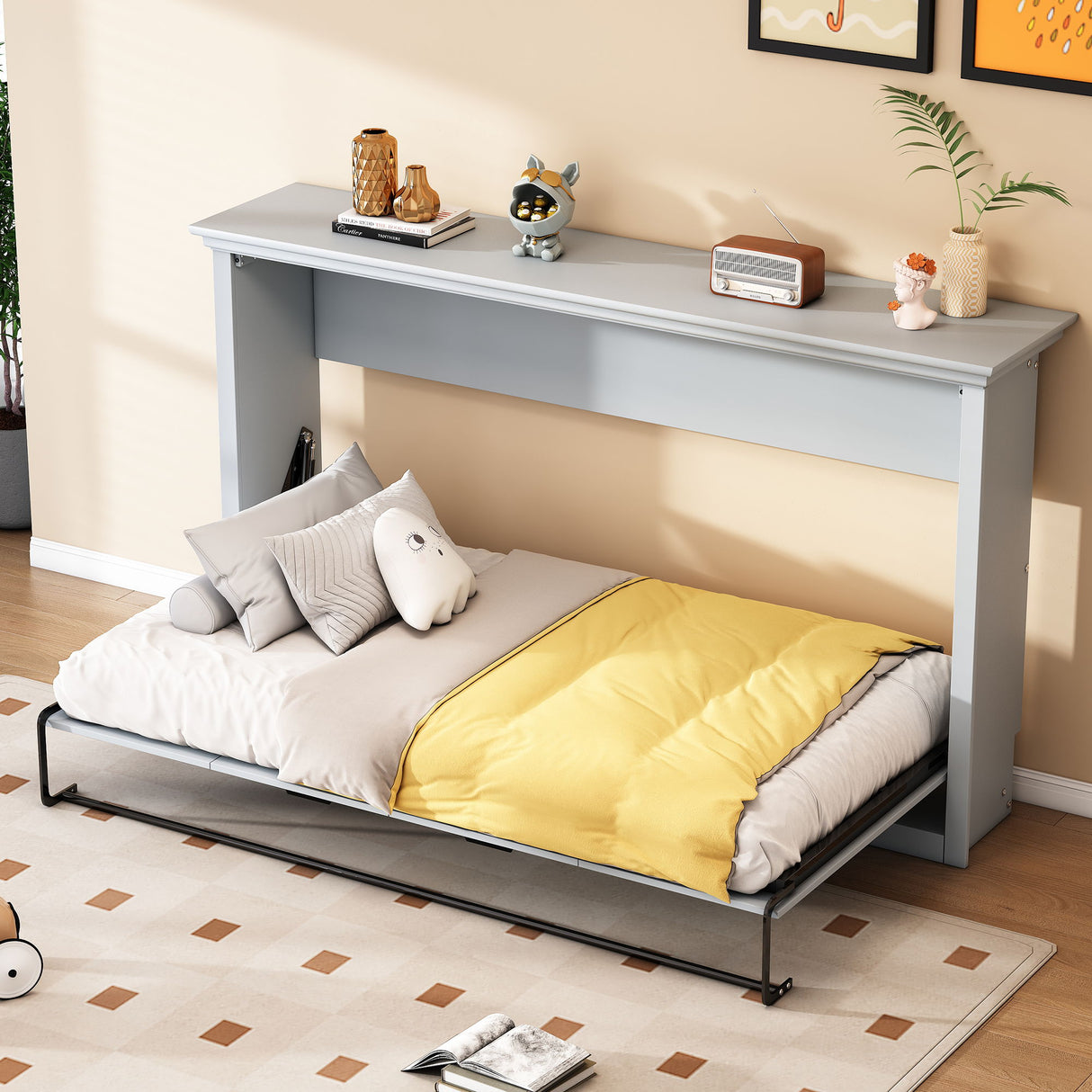 Twin Size Murphy Bed With Cabinet Storage - Gray