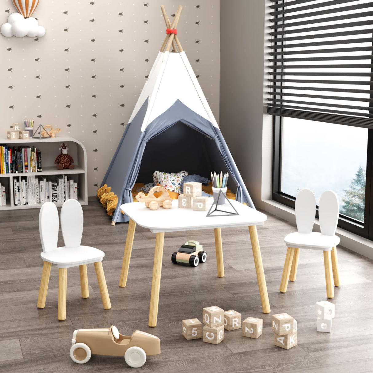Rabbit Themed Table And 2 Chairs Set - White