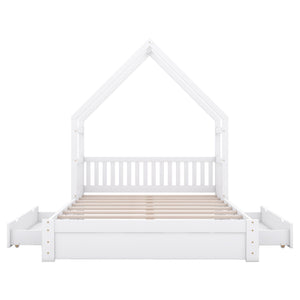 House Style Platform Bed With Guardrail And 2 Drawers