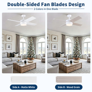 Ceiling Fan With Remote Control, Reversible DC Motor, 6 Speeds, 3 Dimmable LED, Quiet Timer For Indoor - White