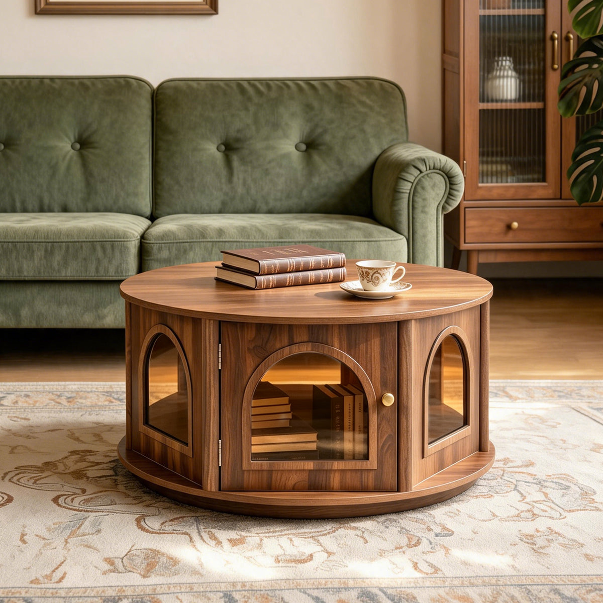31.5" Round Coffee Table with Storage and Pet House - Dark Walnut