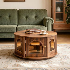 31.5" Round Coffee Table with Storage and Pet House - Dark Walnut