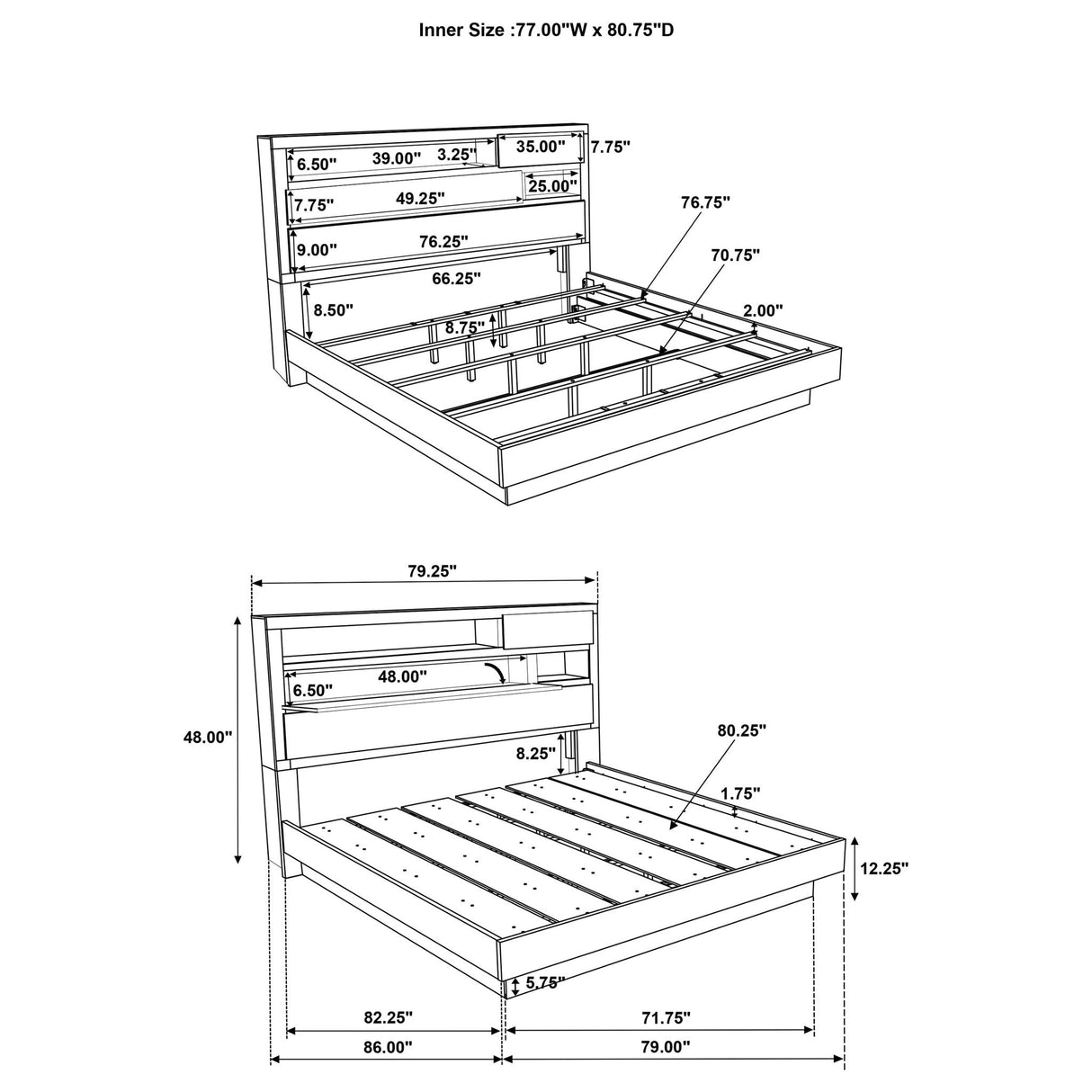 Eastern King Bed Bookcase Headboard With Hidden Storage - Oak