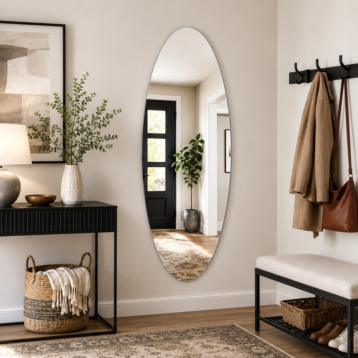 65" x 21" Modern Oval Full Length Wall Mirror, HD Copper-Free