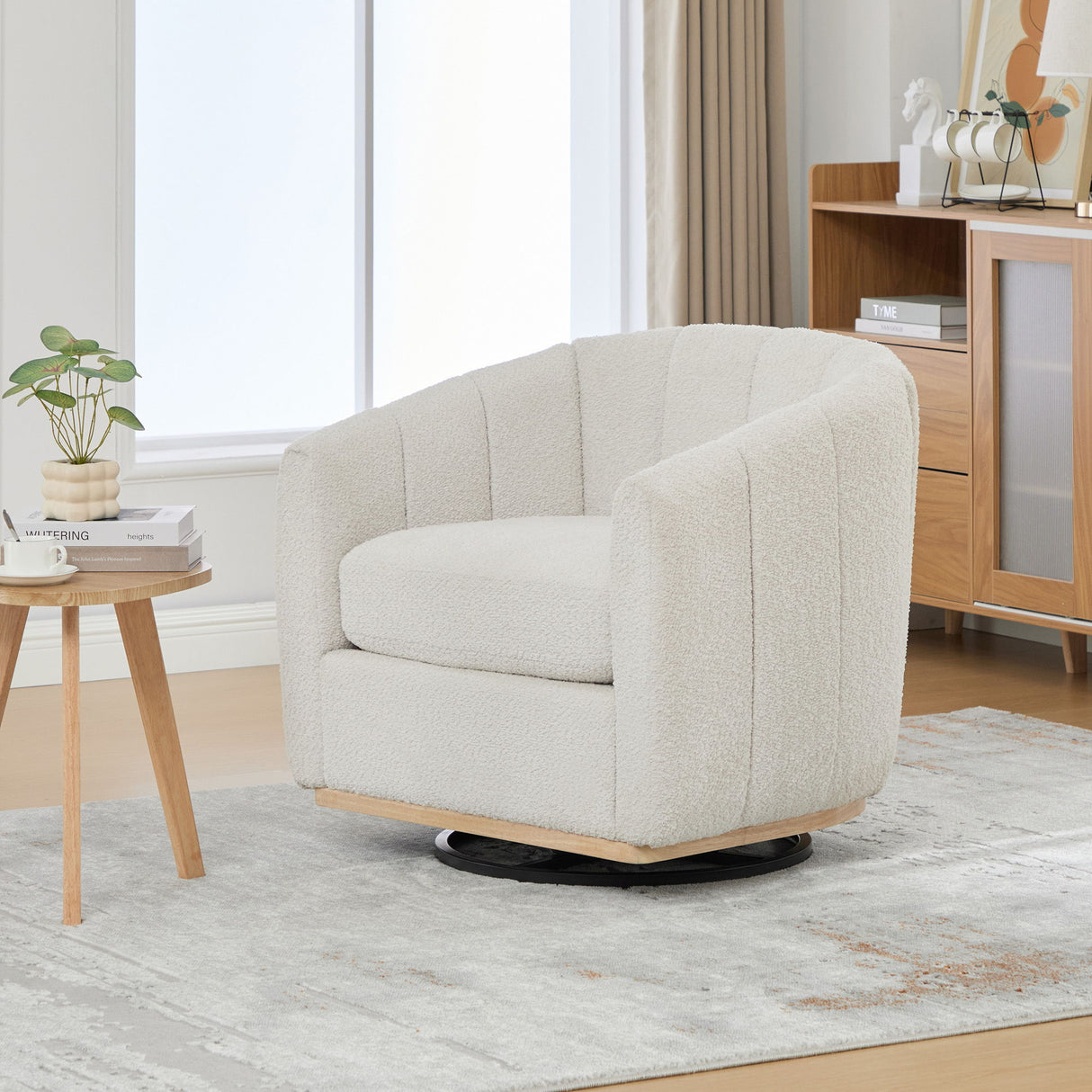 360 Degrees Swivel Upholstered Barrel Armchair For Living Room - Ivory