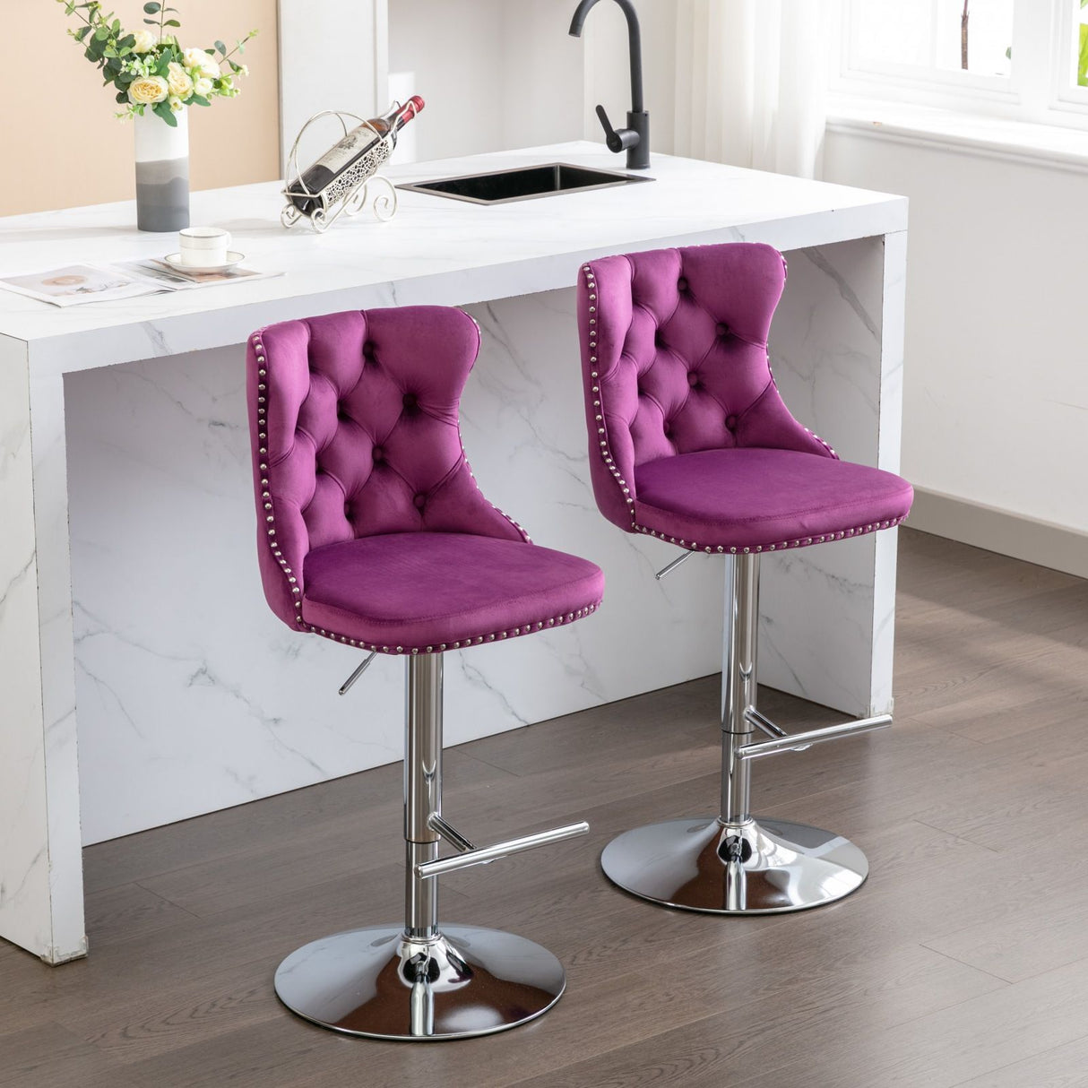 Swivel Barstools Adjusatble Seat Height From 25-33", Modern Upholstered Base Bar Stools With Backs Comfortable Tufted For Home Pub And Kitchen Island (Set of 2)
