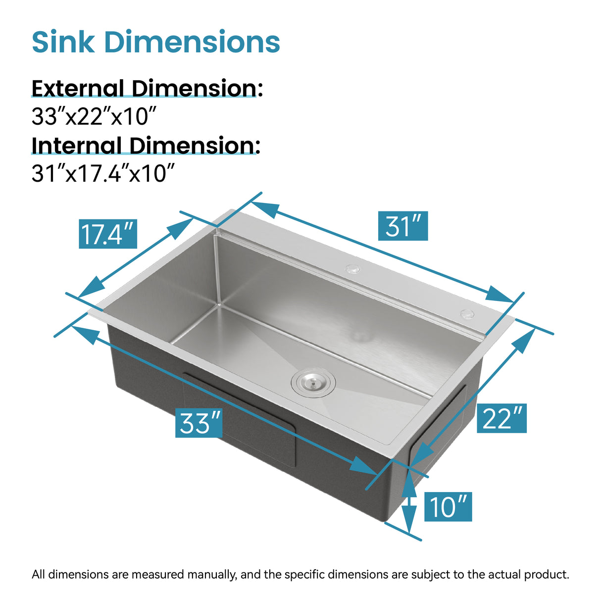 Stainless Steel Kitchen Sink, 33”x22” Single Bowl, Overmount, Brushed Finish