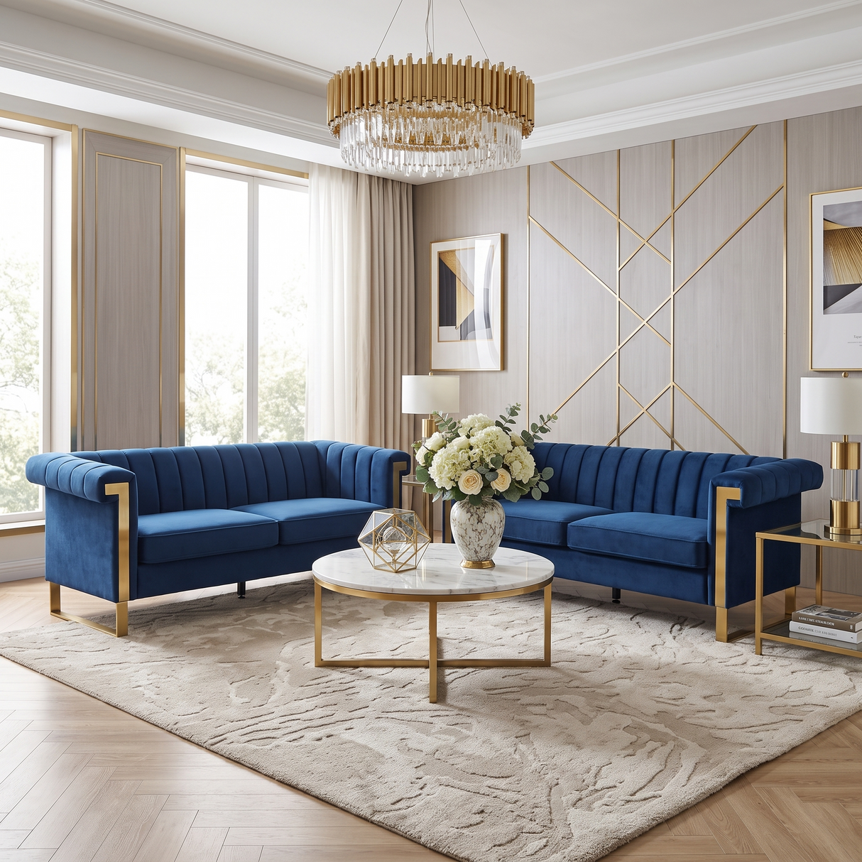 Vintage Blue Velvet 2 Piece Sofa Set