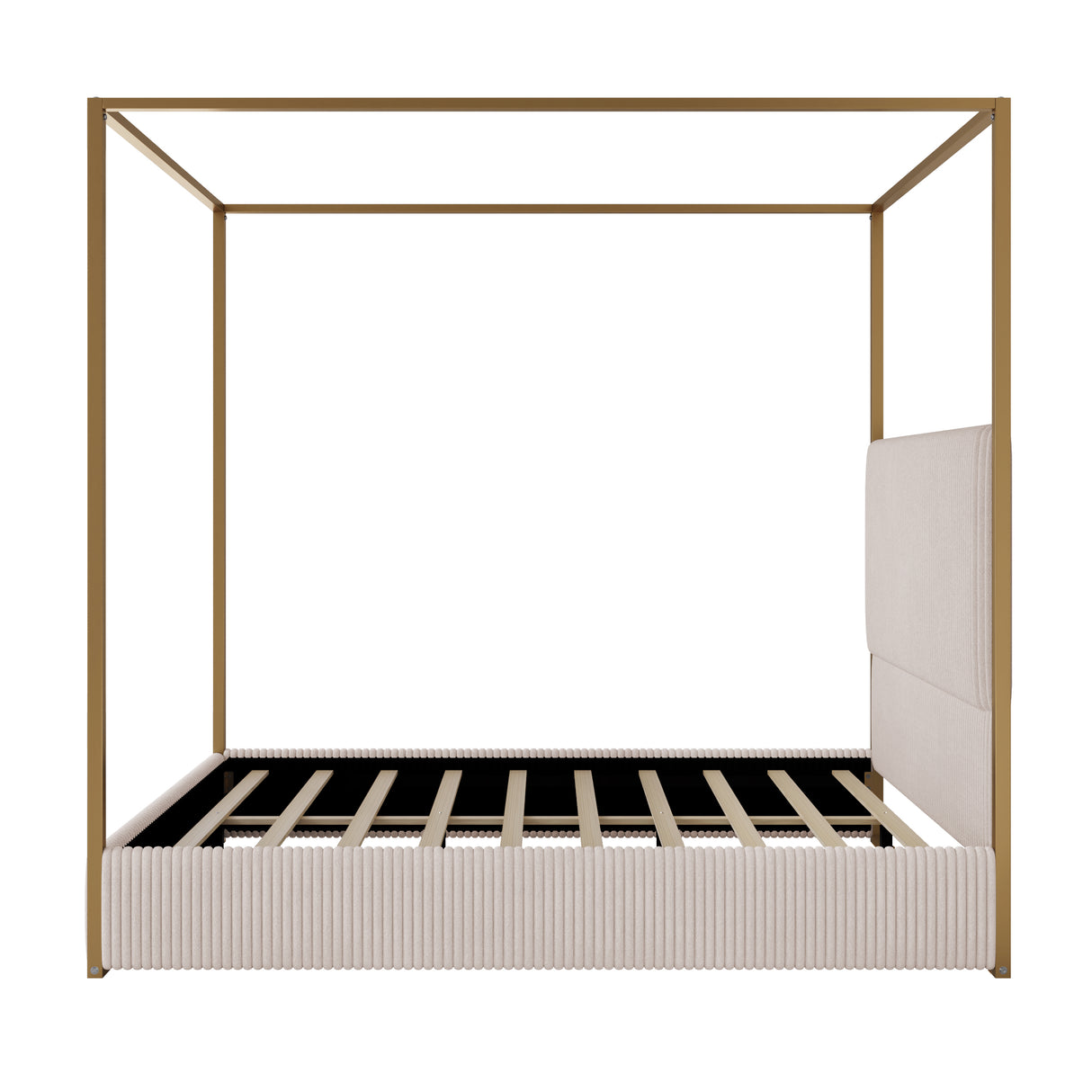 Plush Corduroy Tall Headboard Gold Canopy Bed Frame