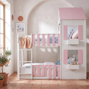 Full over Full House Bunk Bed with Storage - Pink