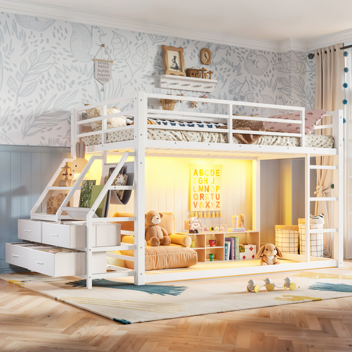 Twin Over Twin Bunk Bed with Storage Shelves and Drawers