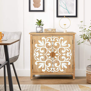Rustic Wooden Accent Cabinet with Floral Carved Doors