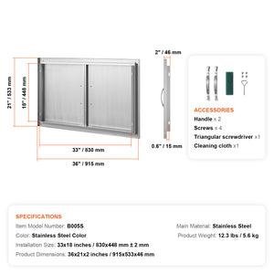 BBQ Access Door, 36W x 21H Inch Stainless Steel Outdoor Kitchen Door