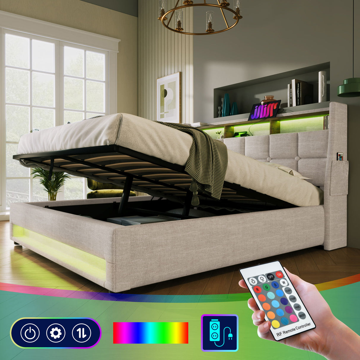 Upholstered Platform Bed With A Hydraulic Storage System, LED And USB Charging (Without Mattress)