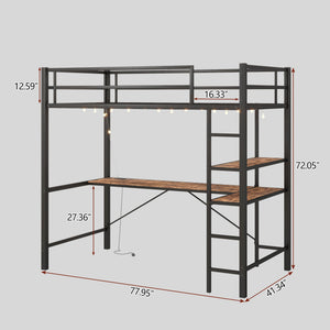 Space Saving Twin Size Loft Bed With L Shaped Desk, Shelves, Charging Station, Led Lights - Brown